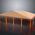 Simple Outdoor Pavilion Structure With Orange Pillars And Brown Roof Design