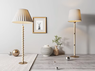 Two Modern Floor Lamps In Living Room With Framed Artwork And Decorative Vase 3d model