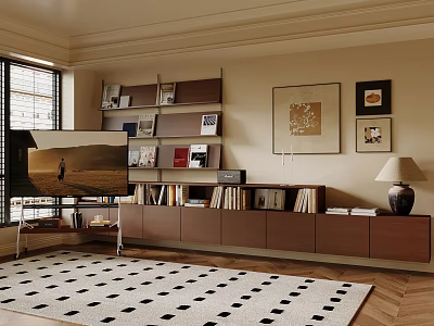 Brown Bookcase with Multiple Shelves Filled with Books Decorative Items Featuring Window Blinds Wooden Floor Table Lamp 3d model