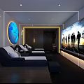 Modern SPA Sauna Interior With Comfortable Lounge Chairs Round Decorative Art And Soft Lighting