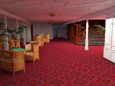 Cartoon Scene of Elegant Indoor Hall with Red Carpet Wicker Chairs Palm Plants and Staircase 3d model