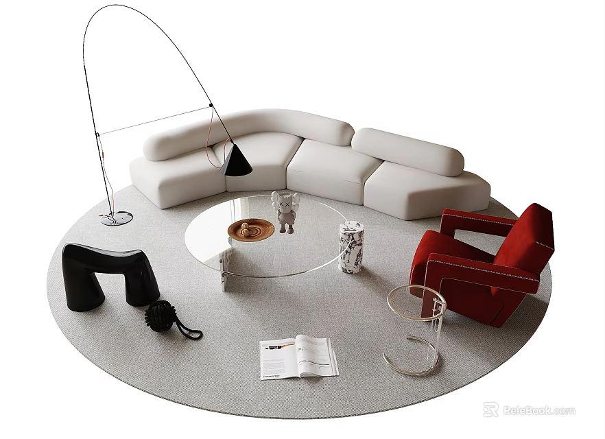 Modern Sofa And Coffee Table Set With White L-shaped Sofa Round Glass Table Red Chair 3d model 