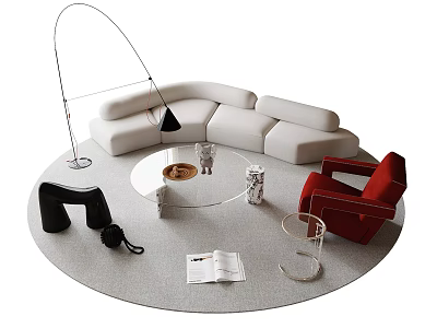 Modern Sofa And Coffee Table Set With White L-shaped Sofa Round Glass Table Red Chair 3d model