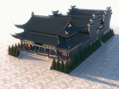 Ancient Chinese Architecture With Overhanging Eaves Black Tiled Roof Stone Steps And Pine Trees 3d model