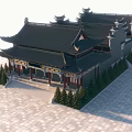 Ancient Chinese Architecture With Overhanging Eaves Black Tiled Roof Stone Steps And Pine Trees