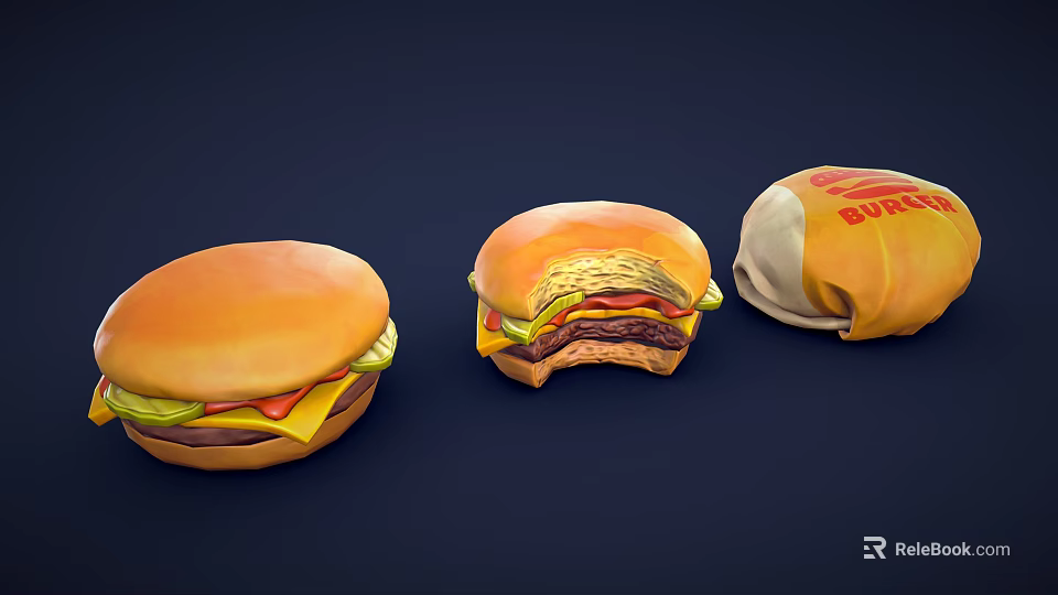 Appetizing Hamburgers With Bitten Patty Lettuce Cheese And Wrapped Option On Dark Background 3d model 