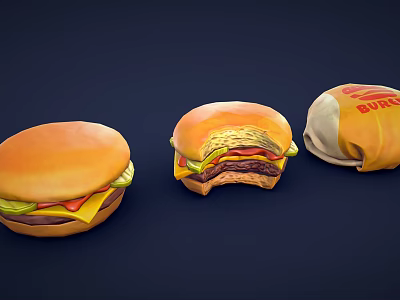 Appetizing Hamburgers With Bitten Patty Lettuce Cheese And Wrapped Option On Dark Background 3d model