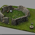 Circular Stone Wall Building Model With Grass Inside Door And Stone Well
