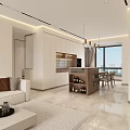 Modern Living and Dining Room With TV Wall Light Sofa And Floor to Ceiling Windows