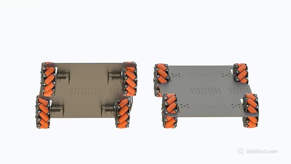 Two Robotic Metal Chassis Platforms With Orange Treaded Wheels Design 3d model 