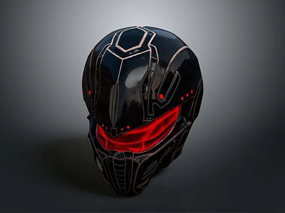 Futuristic Black Helmet With Red Glowing Accents And Geometric Patterns 3d model