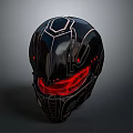 Futuristic Black Helmet With Red Glowing Accents And Geometric Patterns