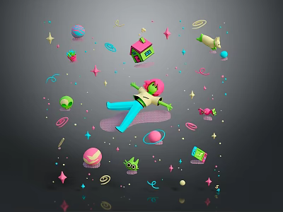 Vibrant 3D Cartoon Scene With Floating Green Character Stars Planets House Cake And Objects 3d model