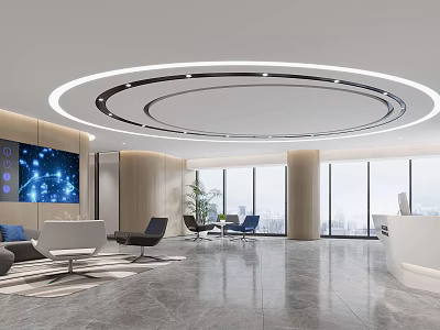 Modern Front Desk Reception Area With Waiting Seats Large Windows And Digital 3d model