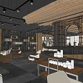 Cozy Café Interior With Wooden Elements Dark Ceiling Spotlights Seating Area Large Windows Framed