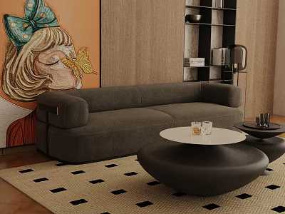 Gray Three Seater Sofa In Living Room With Checkered Rug Round Coffee Table And Artwork 3d model