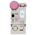 Wall Mounted Sports Equipment Pegboard With Pink Exercise Balls Dumbbells And Yoga Rings