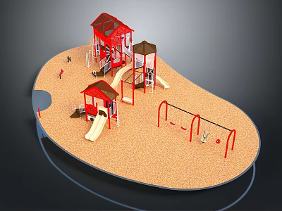 Red Playground Structures With Slides Swings Sand Area And Climbing Features 3d model