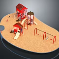 Red Playground Structures With Slides Swings Sand Area And Climbing Features