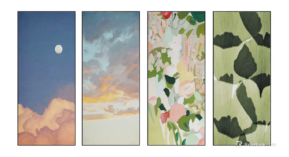Set of Four Modern Decorative Wall Art Prints With Moon Clouds Flowers Leaves 3d model 
