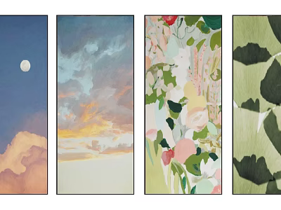 Set of Four Modern Decorative Wall Art Prints With Moon Clouds Flowers Leaves 3d model