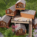 Multi Level Wooden Boutique Villa Surrounded By Green Trees Pink Blossoms Lawn And Mountain View