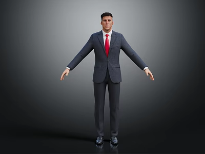 Man In Gray Suit With Red Tie Standing With Arms Outstretched On Solid Background 3d model