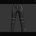 Black Leather Pants With Front Zipper And White Side Stripes Ankle Buckles