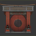 Traditional Chinese Entrance Gate With Red Doors Circular Pattern And Decorative Roof