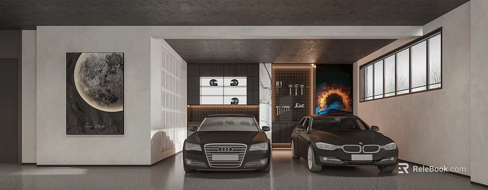 Modern Industrial Garage With Black Audi BMW Cars Display Cabinet Wall Tools Flame Painting 3d model 