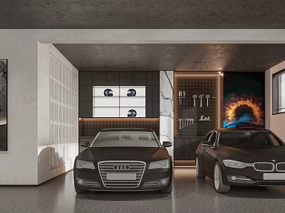 Modern Industrial Garage With Black Audi BMW Cars Display Cabinet Wall Tools Flame Painting 3d model