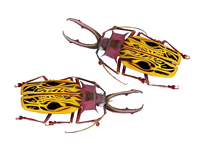 Two Yellow And Red Beetles With Intricate Patterns And Large Horns 3d model