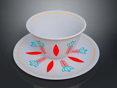 White Decorative Bowl And Plate With Red Teal Leaf Patterns And Yellow Trim 3d model
