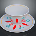 White Decorative Bowl And Plate With Red Teal Leaf Patterns And Yellow Trim