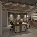 Public Office Space With Brick Walls Glass Doors Conference Table Staircase And Neon Sign Plants