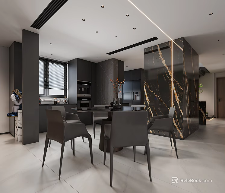 Modern Restaurant Interior Design With Dining Table Chairs Lighting And Decorative Elements 3d model