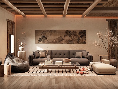 Quiet Ancient Homestay Living Room Sofa Coffee Table Combination Lazy Sofa Vase Jewelry Hanging Painting model