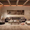 Traditional Chinese Style Living Room Interior With Decorative Painting Wooden Ceiling Beams Sofa Coffee Table And Floor Cushions