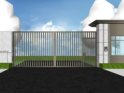 Automatic Metal Entrance Gate With Pillars And Building Against Blue Sky And Grass 3d model