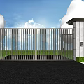 Automatic Metal Entrance Gate With Pillars And Building Against Blue Sky And Grass