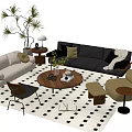 Modern Sofa And Coffee Table Set With Accent Chairs Plants And Polka Dot Rug
