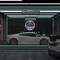 Auto 4S Shop Interior Featuring Purple Sports Car Neon Signs Service Equipment And Shelves