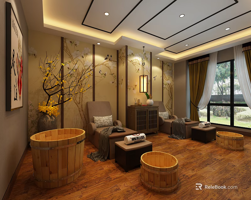Elegant SPA Sauna Interior With Wooden Bathtubs Sofa Floral Decor And Lighting 3d model 