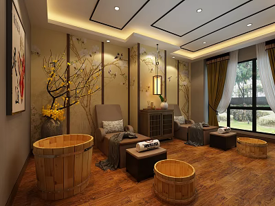 Elegant SPA Sauna Interior With Wooden Bathtubs Sofa Floral Decor And Lighting 3d model