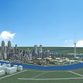 Aerial View Urban Planning With River Skyscrapers Green Spaces And Bridges