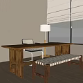 Wooden Dining Table Set with Chair and White Cushioned Bench by Window with Blinds