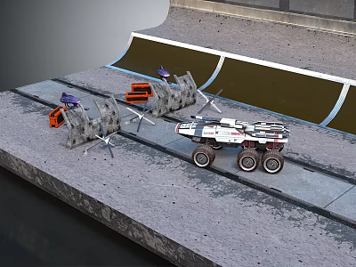 Robotic Vehicles On Concrete Track Featuring Orange And White Construction Machinery 3d model