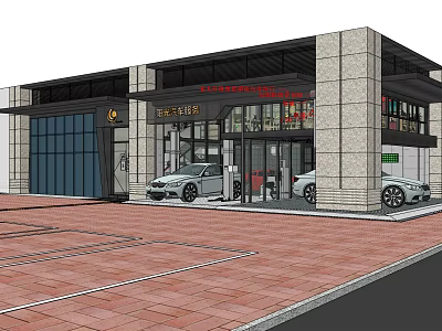 Car Dealership Showroom Exterior With Glass Facade Stone Walls And Display Cars 3d model