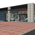 Car Dealership Showroom Exterior With Glass Facade Stone Walls And Display Cars