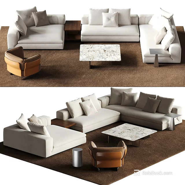 Modern White Sofa and Marble Coffee Table Set with Brown Armchair in Living Room 3d model 